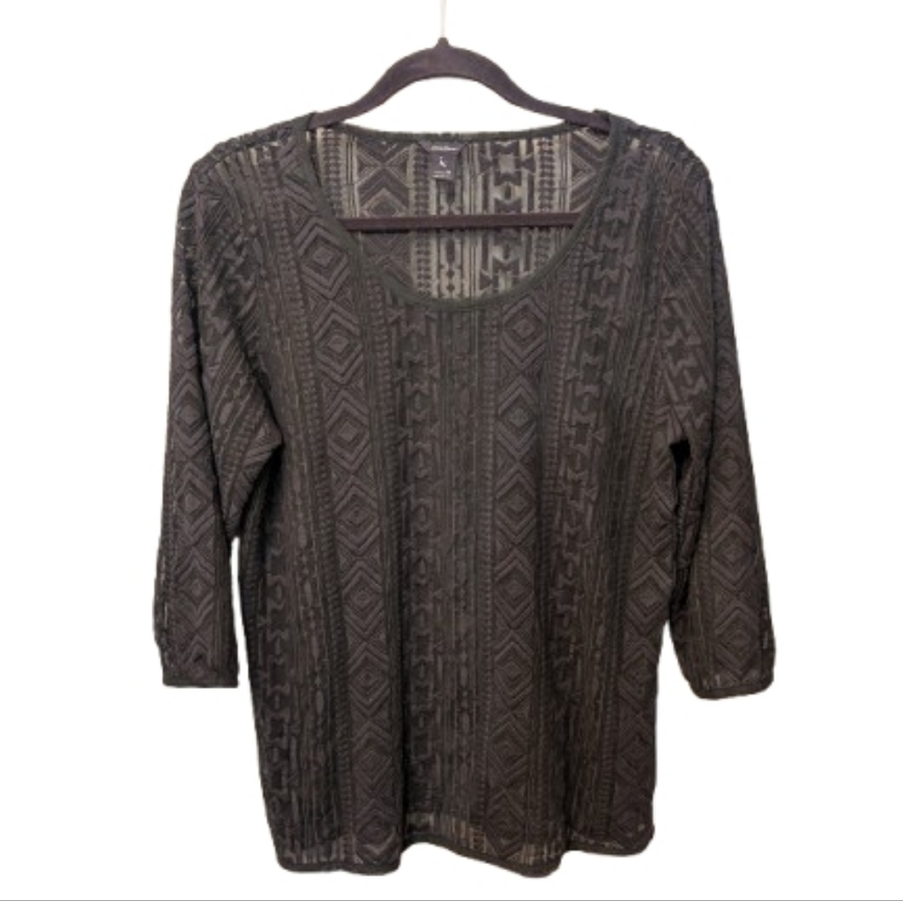 Eddie Bauer Top ShSize M Dark Gray Semi Sheer 3/4 Sleeve Embroidered Texture